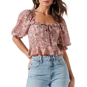 ASTR The Label Floral Ruffle Puff Sleeve Crop Top Cottagecore Peasant Blouse M